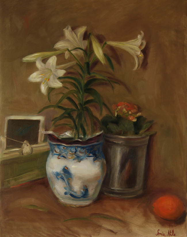 2015-16-Hale Floral Paintings White Lilies in Flow Blue Planter