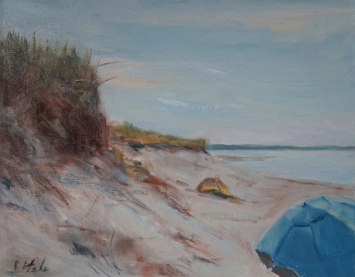 Cape Cod Beach Painting, Blue Umbrella Beach Day.sm