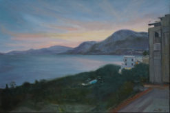 oil painting of positano, positano sunset painting, positano beach, positano coast, sunset at positano